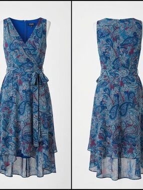 Chaps Blue Paisley High-Low Wrap Dress 10P